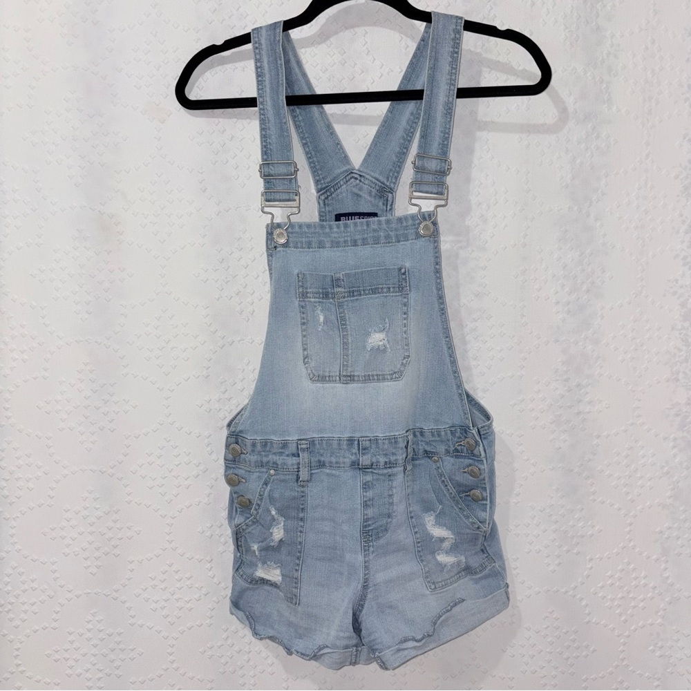 Blue Spice Distressed Denim Short Overalls Light Wash Size 5 Stretch